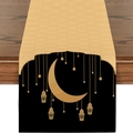 Ramadan Tischläufer aus Leinen mit goldenem Mond und Laternen auf schwarzem Grund - Schwarz Gold Mond Stern Hängelampe Muster (ZQZ1-9)