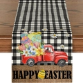 Detail eines Happy Easter Tischläufers mit rotem Truck, Eiern und Buffalo Check Muster - Osterei Roter LKW Stil (ZQ28--10)