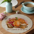 Close-up van linnen placemat met pompoen en inspirerende herfstige koffiebedrukking - Cdf8-7 / 36CM