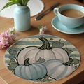 Detail of round linen placemat with autumn pumpkin print on a warm wooden dining table - Rustic Blue White Pumpkin(CDF8-8) / 36CM