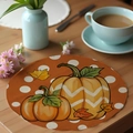 Detailed view of linen place mat with orange pumpkin and maple leaf harvest pattern - Polka Dot Pumpkin(CDF8-10) / 36CM