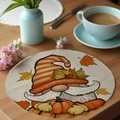 Detailed texture of round linen placemat featuring an autumn gnome and maple leaf design - Stripe Hat Gnome(CDF8-12) / 36CM