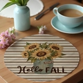 Detailed close-up of woven round placemat with sunflower illustration and Hello FALL text - Hello Fall Sunflower (CDF8-14) / 36CM