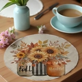 Detailed texture of round linen placemat with autumn sunflower and mason jar print - Mason Jar Sunflower(CDF8-16) / 36CM
