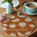 Detail of round linen placemat with pumpkin pattern and text for autumn table decor - Pumpkin Patterns (CDF8-20) / 36CM