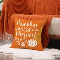 Leinen Kissenhülle mit Kürbis Motiv und Pumpkin Kisses und Harvest Wishes Aufdruck - Oranger Feiertags Slogan Stil (YMF82-3)