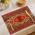Bohemian linen placemat with dark red Persian pattern and vintage floral design - Dark Red Black Border Persian Style (CDM1-6)
