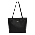 Minimalist black lychee pattern leather tote bag with slim shoulder straps and metal logo - Black