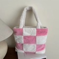 Borsa tote in peluche a scacchi rosa e bianchi con consistenza morbida per moda inverno - Rosa