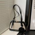 Bolso de hombro retro de lona crema con ribete de cuero negro y logo dorado - Negro
