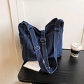 Deep blue denim tote bag with contrast stitching and adjustable strap for daily commute - Dark Blue