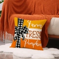 Farm fresh pumpkin throw pillow cover with buffalo plaid bow on vibrant orange linen fabric - 45x45cm (Single Cover)