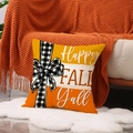 Orange Happy Fall Y'all pumpkin pillow cover with plaid bow on white wool rug - Happy Fall Y'all Pattern (YMF81-3) / 45x45cm (Single Cover)