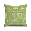 Square green linen pillowcase featuring white Pumpkin Market print for rustic fall decor - Green Base Pumpkin Market Text (YMF58-11) / 45x45cm