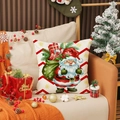 Federa natalizia in lino con Babbo Natale e sacco regali su un divano in pelle marrone - 45cmx45cm / Stile Babbo Natale con Sacco Regalo (YMA74-3)