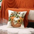 Autumn throw pillow case featuring pumpkin and sunflower art on cotton linen fabric - Basket Pumpkin Sunflower Style (YMF84-1)