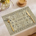 Bohemian linen placemat with vintage Persian geometric pattern and golden cutlery set - Beige Base Blue Ochre Pattern (CDM1-13)