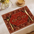 Bohemian linen placemat with red ethnic Persian pattern and thermal insulation feature - Brick Red Persian Totem (CDJ55-1)