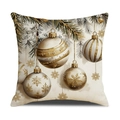 Housse de coussin de Noël avec ornements dorés et branches de pin sur lin beige décor - Ornements de Boules de Noël Dorées (YMA34-1) / 45x45cm(Housse Uniquement)