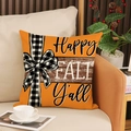 Kissenbezug in Orange mit Happy Fall Y'all Text und Karo-Schleife für den Herbst - Happy Fall Y'all Karierte Schleife Stil (YMF88-2)