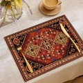 Rectangular Bohemian linen place mat with red Persian patterns and warm dining decor - Deep Red Mandala Floral (CDJ55-3)
