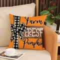 Orange Farm Fresh Pumpkin Kissenhülle mit Karoschleife auf einem beigen Sofa - Farm Fresh Pumpkin Bauernhof Stil (YMF88-3)