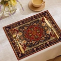 Bohemian Persian style rectangular linen placemat with blue and red floral patterns - Dark Blue Brick Red Exotic Pattern (CDJ55-4)