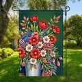 Patriotic garden flag with floral bouquet in metal bucket and US flag elements - Flower Bucket and US Flag (HYQ2-4)