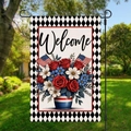 Independence Day garden flag with Welcome text, floral American flags and metal stand - Welcome Potted Plant and Flag (HYQ2-7)