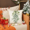 Christmas linen pillowcase with green leaf and bow pattern on warm orange sofa - Off-white Plant Bow Style (YMA12-4) / Square (Cover Only)