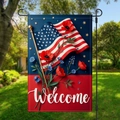 Patriotic garden flag with American flag and poppy flowers featuring a Welcome greeting - Welcome and Poppy Flag (HYQ2-8)