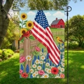 Garden flag with American flag and rustic barn scene on a black metal holder stand - Barn Sunflower and Cardinal (HYQ2-10)
