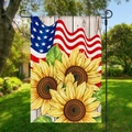 Vertical garden flag with American flag stars and stripes and yellow sunflowers on wood background - Three Sunflowers and Wood Grain Flag (HYQ2-13)