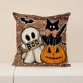 Funda de cojín de Halloween con fantasma y gato negro sobre fondo de textura madera - 45x45cm(Solo Funda) / Estilo Veta de Madera Fantasma Gato Negro (CRW03-1)