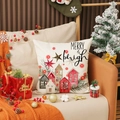 Christmas pillowcase with Merry & Bright house print in festive cream cotton linen - MERRY & bright with House Pattern (YMA77-1) / 45x45cm(Case Only)