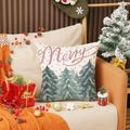 Funda de cojín navideño de lino con árbol verde y texto Merry en sofá beige - Árbol de Navidad Merry y Lunares (YMA36-1)