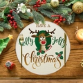 Detalle de mantel individual redondo de lino navideño con reno y adornos festivos - Estilo Reno de Dibujos Animados (XRP092)