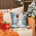 Vintage Christmas angel print pillow cover in blue and white for sofa decor - Little Angel Feeding Bird (YMA80-2) / 45x45cm(Case Only)