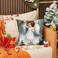 Square Christmas pillow case with vintage angel print on warm colored sofa - Angel Girl And Red Bird (YMA80-3) / 45x45cm(Case Only)