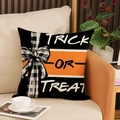 Halloween pillow cover with orange stripes and Trick or Treat print on black linen - Black Orange Stripe Bow (YMW56-6)