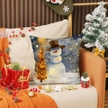 Linnen kussensloop met sneeuwpop en gouden kerstboom op een gezellige warme oranje bank - Sneeuwpop Wintertafereel Stijl (YMA83-1) / 45x45cm(Alleen Hoes)