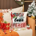 Weihnachtlicher Kissenbezug aus Leinen mit JOY-Aufdruck und festlicher roter Schleife - 45x45cm(Nur Bezug)