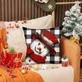 Housse de coussin Noël à carreaux noir et blanc avec motif bonhomme de neige sur sofa - Bonhomme de Neige de Dessin Animé à Carreaux Noir et Blanc (YMA81-1)