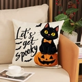 Halloween cat and pumpkin linen pillow cover with 'Let's get spooky' text print - Halloween Cat Pumpkin (YMW56-8)