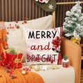Weihnachtlicher Kissenbezug aus Leinen mit Aufdruck Merry and Bright und Schleife - MERRY Typografie Stil (YMA87-3) / 45x45cm(Nur Bezug)