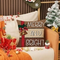 Housse de coussin de Noël en lin avec cloches dorées et texte Merry and Bright sur canapé - Cloche Rayée Inscription Merry and Bright (YMA81-2)