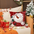 Weihnachts-Leinenkissenbezug mit Schneemann-Muster und roter Mütze auf Sofa - Schneemann Druck Stil (YMA87-4) / 45x45cm(Nur Bezug)