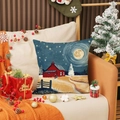 Linnen kerstkussenhoes met sneeuwdorp print en rood huisje op een gezellige bank - Besneeuwde Nacht Rood Huis Stijl (YMA83-4) / 45x45cm(Alleen Hoes)