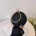 Sparkly black spherical evening clutch bag with gold rhinestone handles and chain strap - Black