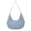 Light blue crescent shoulder bag with twill texture and gold buckle on white background - Blue